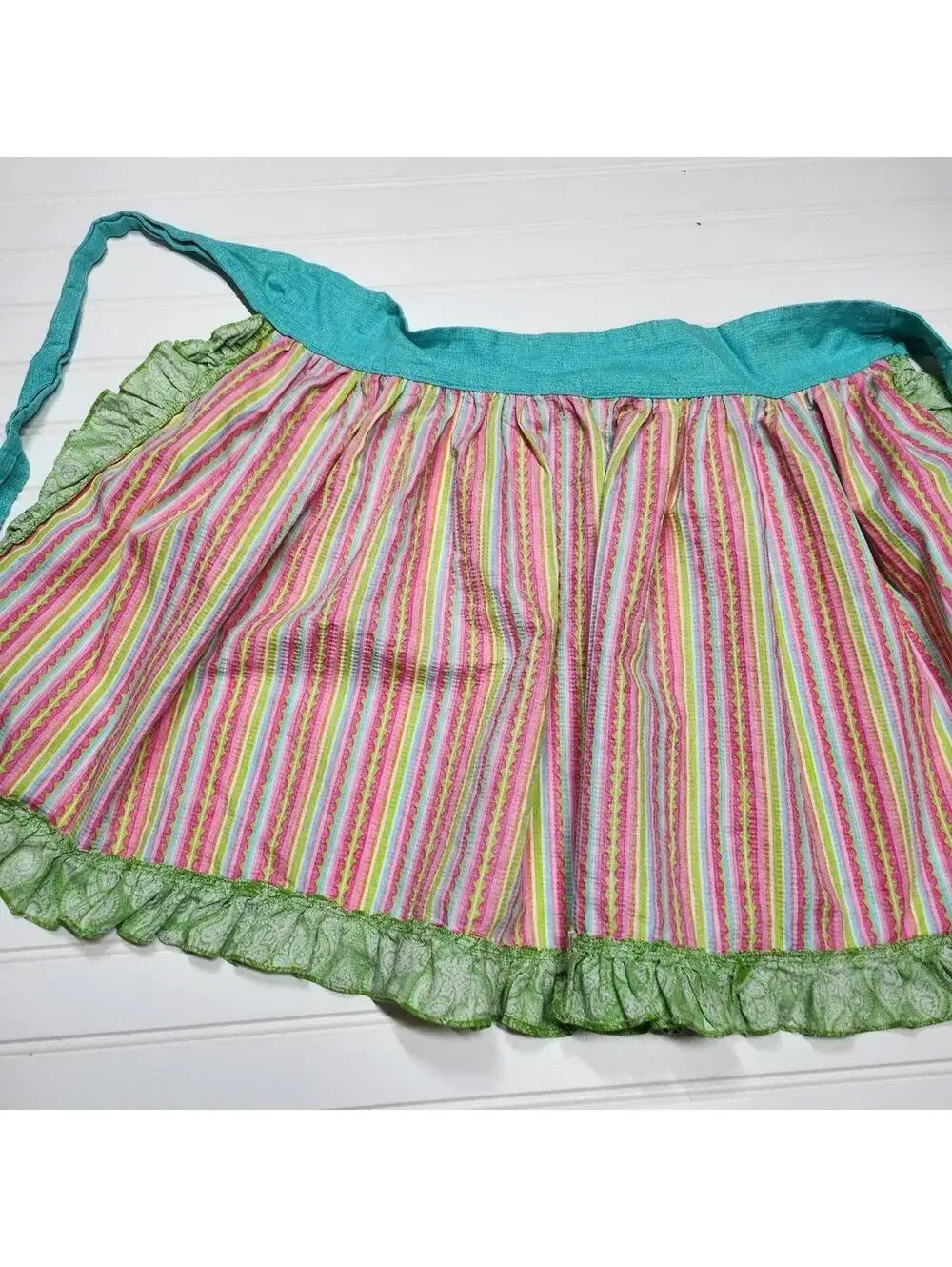 Colorful Handmade Striped Apron with Green Ruffle Trim